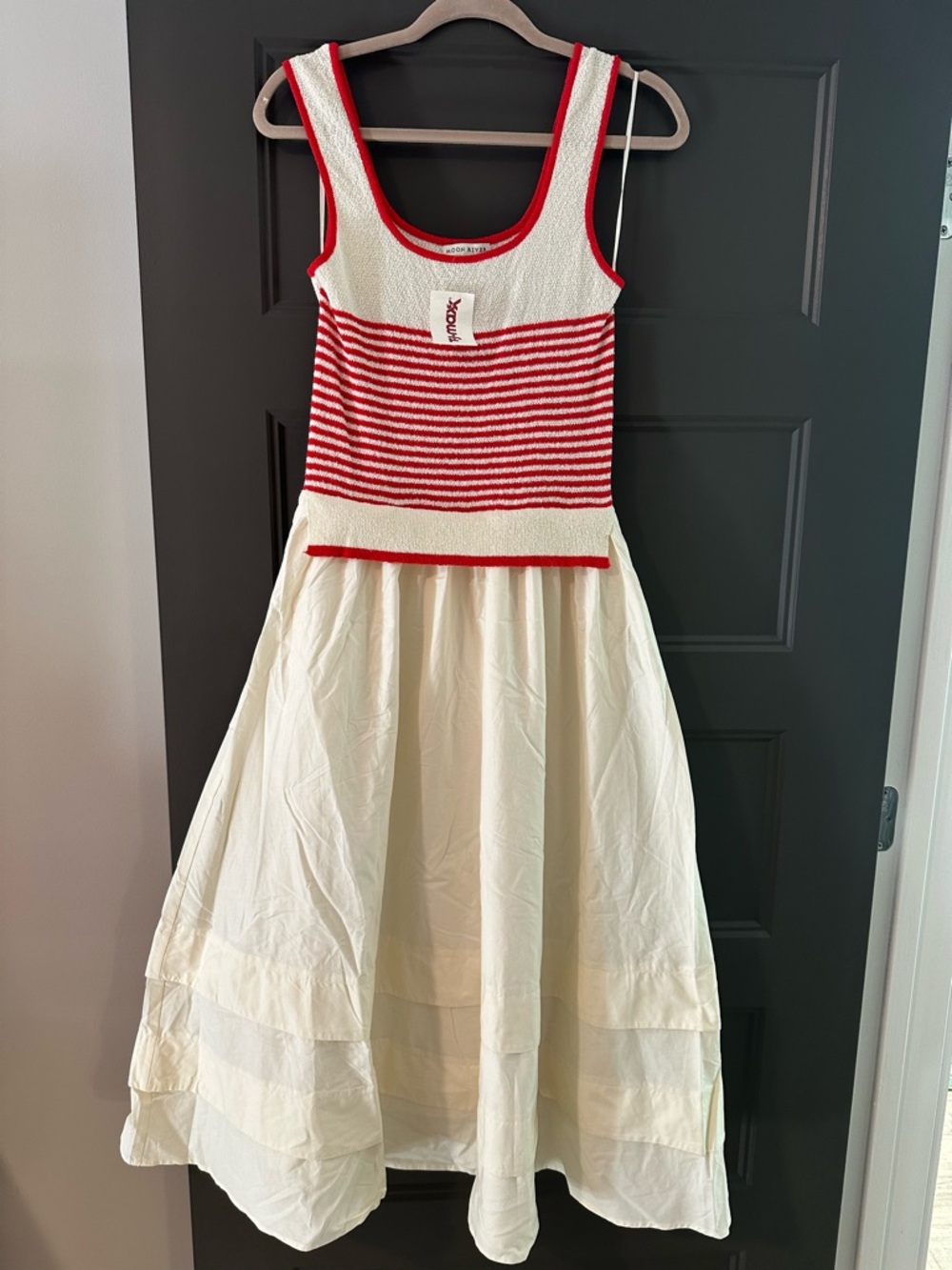 Moon River Cream Maxi Dress with Red Striped Tank Bodice